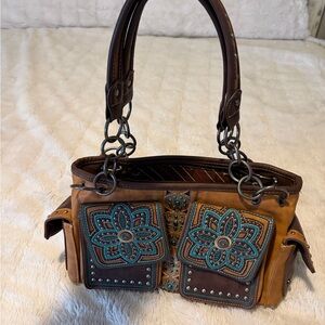 Brown Embroidered Floral Pocket Shoulder Bag